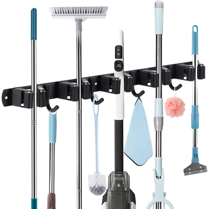 foto del prodotto petites ecrevisses portascopa e portaspazzole da muro con 5 posti e 4 ganci portascope appendibile autoadesivo per bagno giardino garage nero