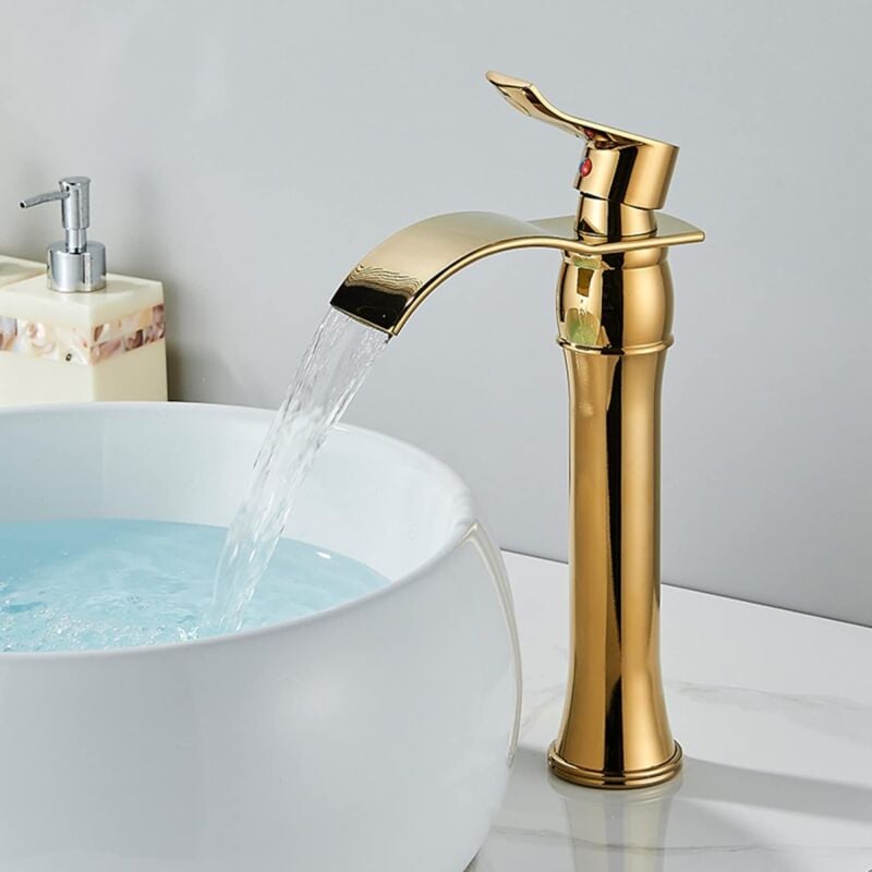 foto del prodotto petites ecrevisses rubinetto bagno lavabo cascata design moderno rubinetto miscelatore monocomando per lavandino acqua calda e fredda oro