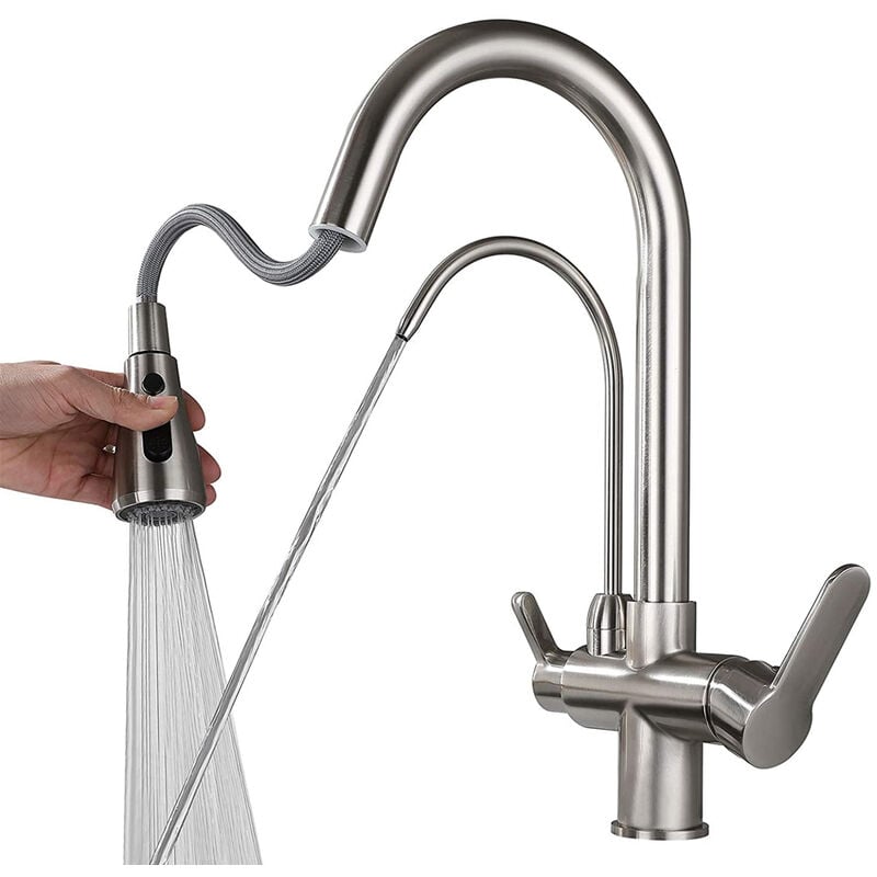 foto del prodotto petites ecrevisses - rubinetto cucina 3 vie rubinetto miscelatore per lavello girevole a 360 fredda e calda disponibile argento