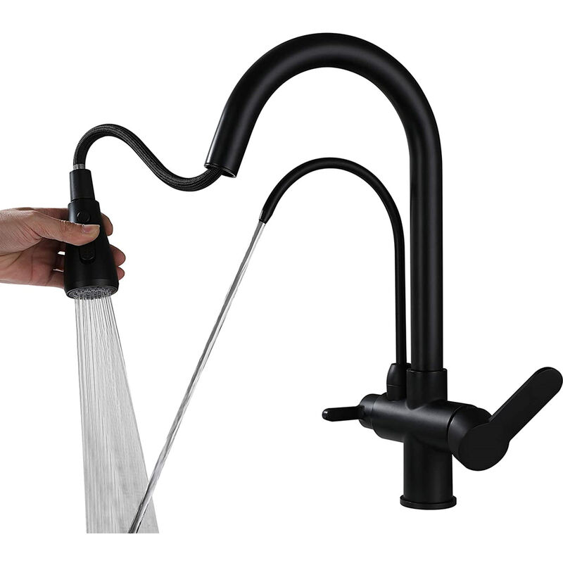 foto del prodotto petites ecrevisses rubinetto cucina 3 vie rubinetto miscelatore per lavello girevole a 360 fredda e calda disponibile nero