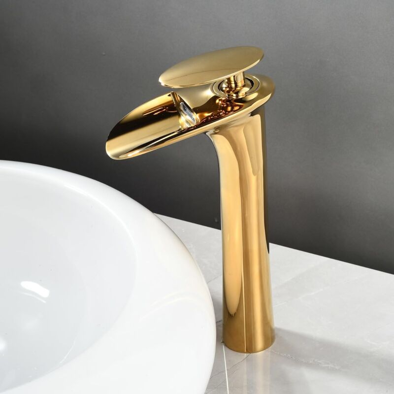 foto del prodotto petites ecrevisses rubinetto lavabo cascata moderno miscelatore monocomando bagno acqua calda e fredda con tubo g3 8 pollici oro