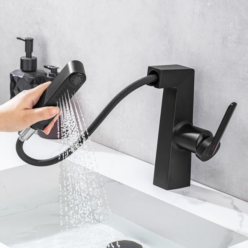 foto del prodotto petites ecrevisses rubinetto lavabo da bagno con doccetta estraibile miscelatore monocomando lavabo rotazione a 360 nero
