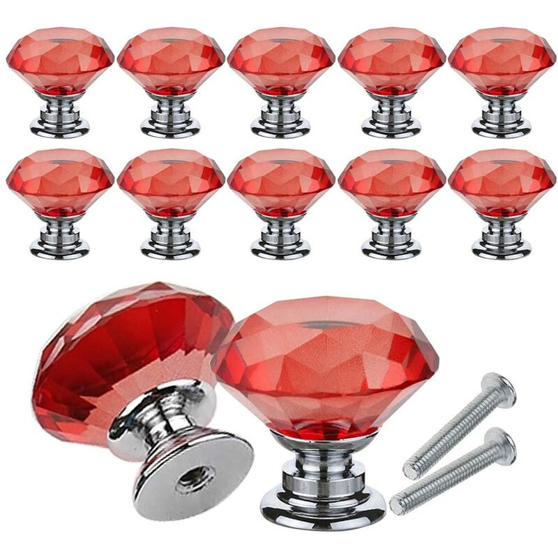 foto del prodotto petites ecrevisses set di 10 pomelli per armadietto cristallo maniglie per mobili 30mm forma di diamante con viti rosso