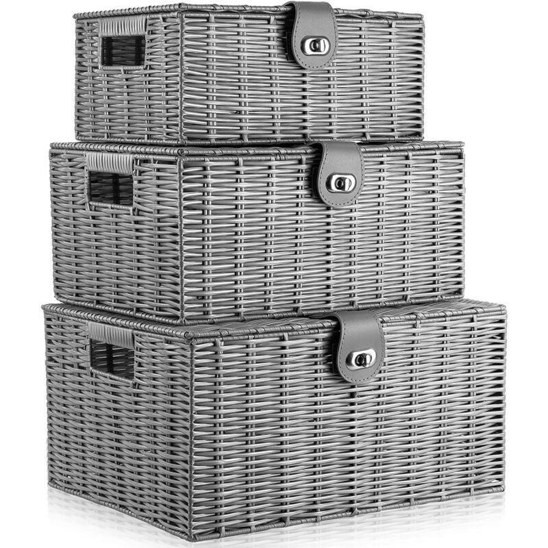 foto del prodotto petites ecrevisses set di 3 cestini portaoggetti multiuso con coperchio cestino organizzare intrecciato per bagno soggiorno grigio