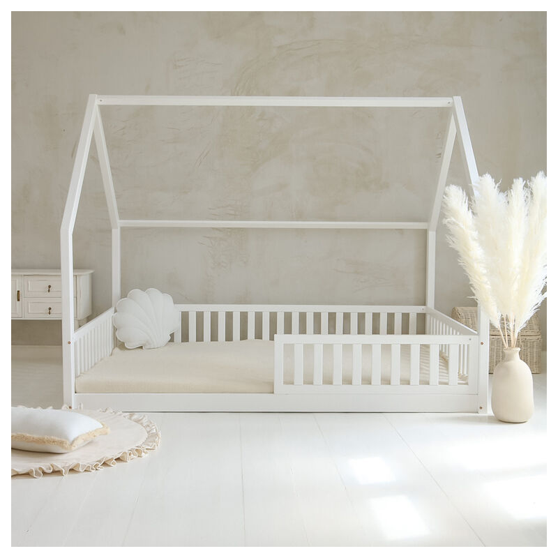 foto del prodotto petits meubles letto a capanna 140x200 con barriera e box incluso piedi 1 cm daisy bianco