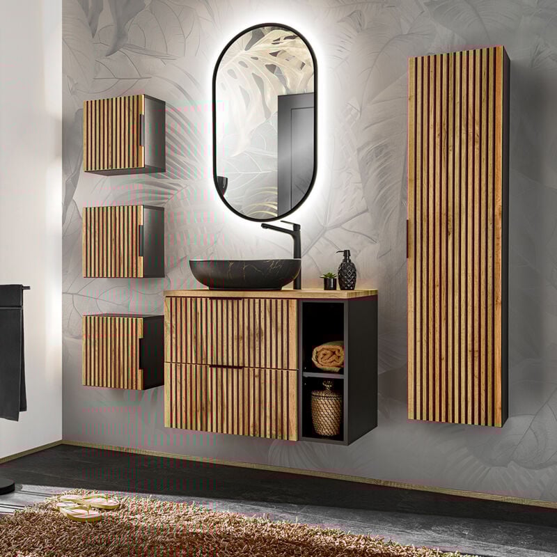 foto del prodotto petits meubles mobile lavabo singolo 80cm 2 nicchie colonna specchio led e 3 pensili gaia wood e black lavabo nero
