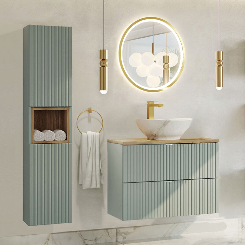 foto del prodotto petits meubles mobile lavabo singolo da 80 cm con 2 cassetti, specchio led e colonna jade verde e legno