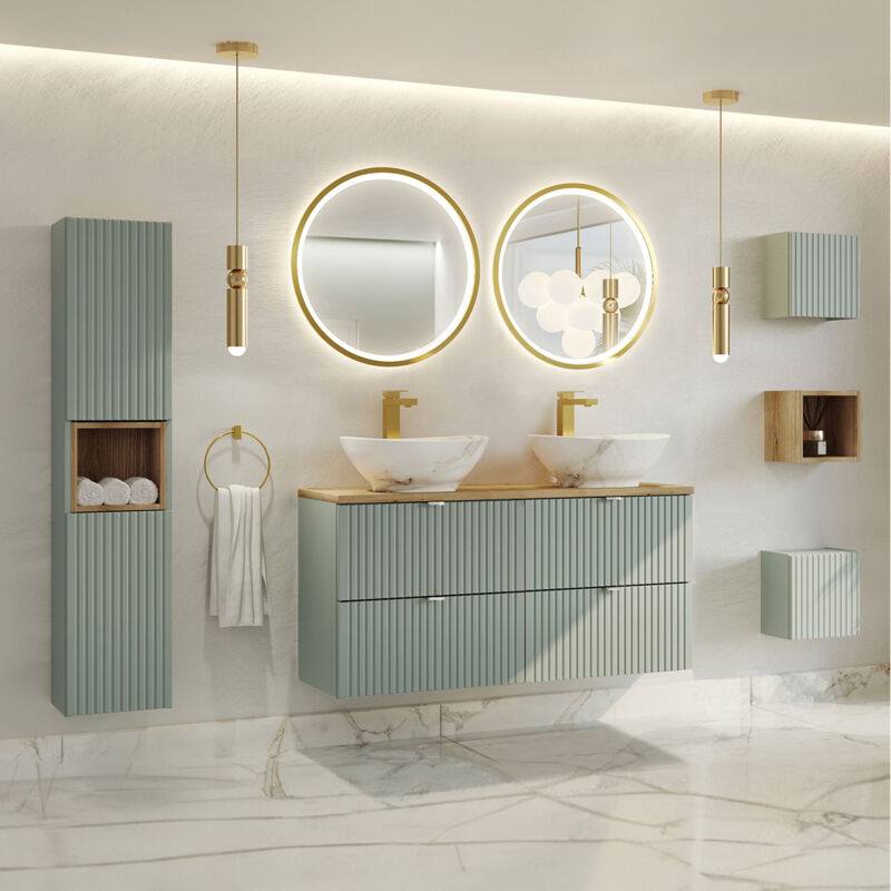 foto del prodotto petits meubles set di lavabo doppio da 120 cm con 4 cassetti, specchi led e 3 pensili verde giada e legno