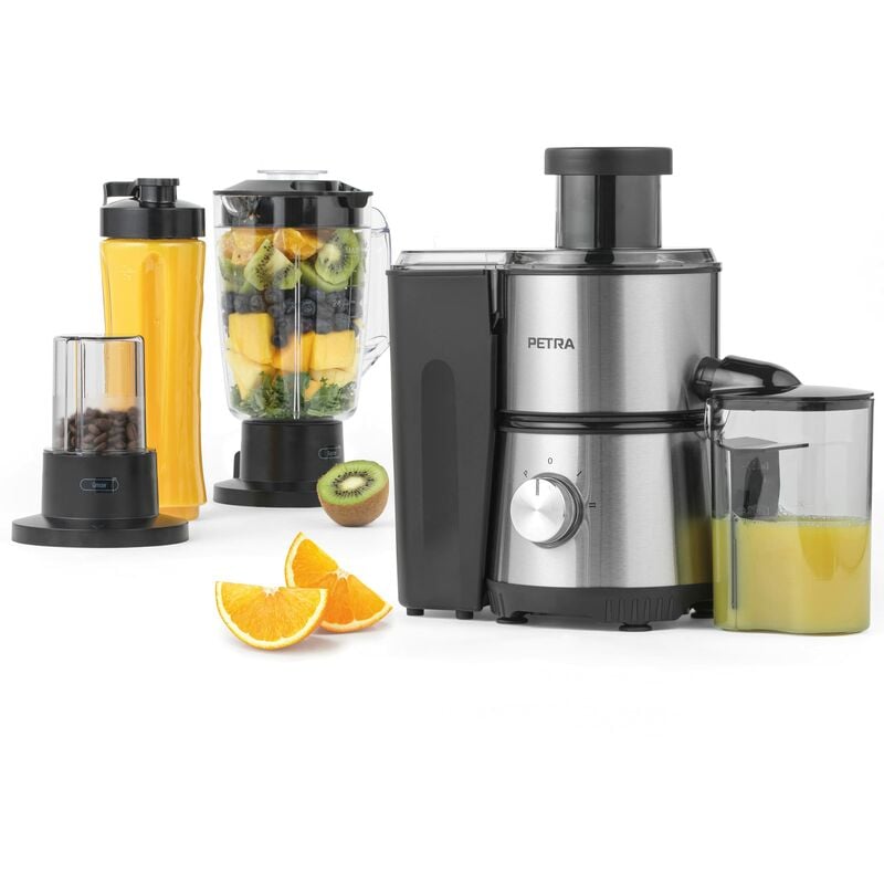 foto del prodotto petra pt4294vdeeu7 centrifuga elettrica 4 in 1, spremiagrumi, frullatore, macinacaff , caraffa da 1 l e bottiglia, 2 velocit a impulsi, frullati