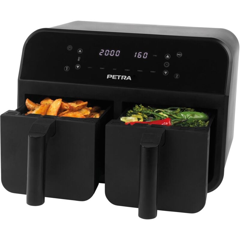 foto del prodotto petra pt4750blkvde friggitrice ad aria da 7,4 l, doppio cestello rimovibile, funzioni di cottura sync e match, 2 vassoi xl per cottura