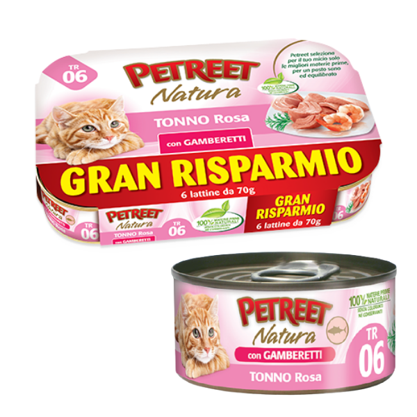 foto del prodotto petreet natura cat maxi scorta 6x70 gr tonno e gamberetti cibo umido per gatti 1 ordine scegli lo sconto bzr5 bzr20 200 punti fedelt 