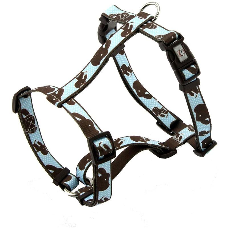 foto del prodotto pettorina in nylon a otto regolabile con pois e disegni ferribiella per cani 2,5 x 51 78 cm azzurro