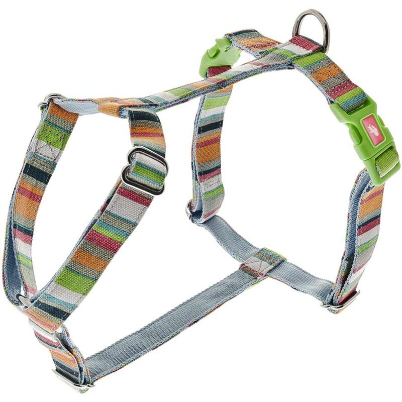 foto del prodotto pettorina per cani in nylon regolabile a otto con imbottitura in neoprene fantasia arcobaleno spessore 1,5 cm pettorina