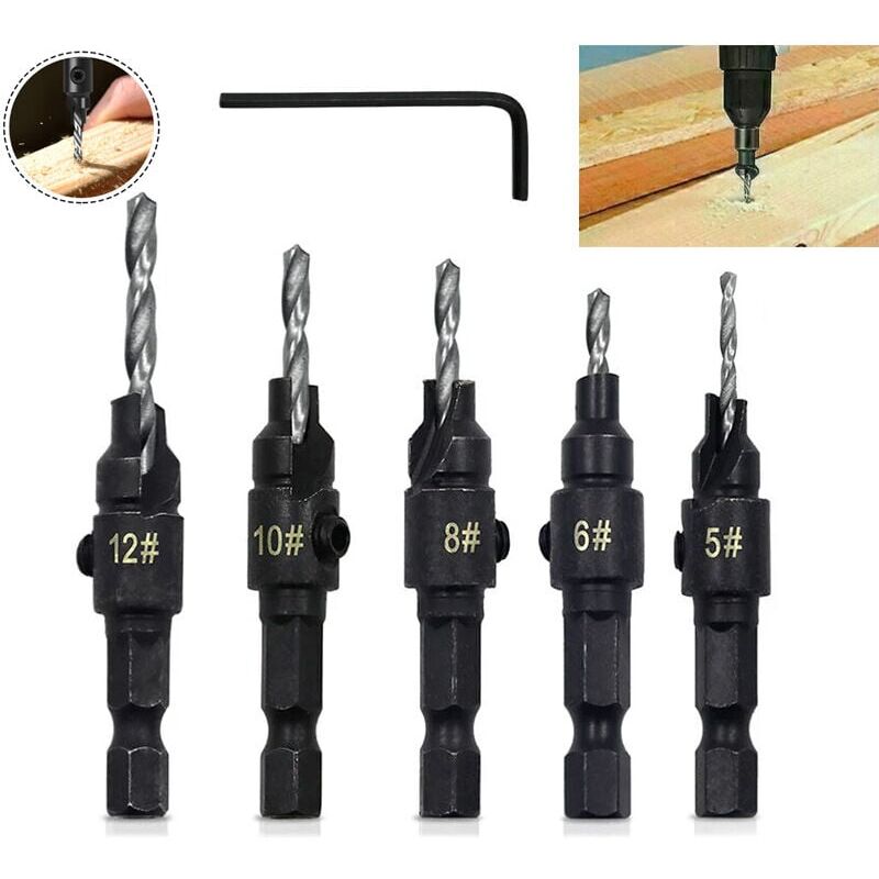 foto del prodotto pezzi 3 in 1 set di punte per trapano a svasatura a sgancio rapido con gambo esagonale regolabile per lavorazione del legno con chiave esagonale 5 6
