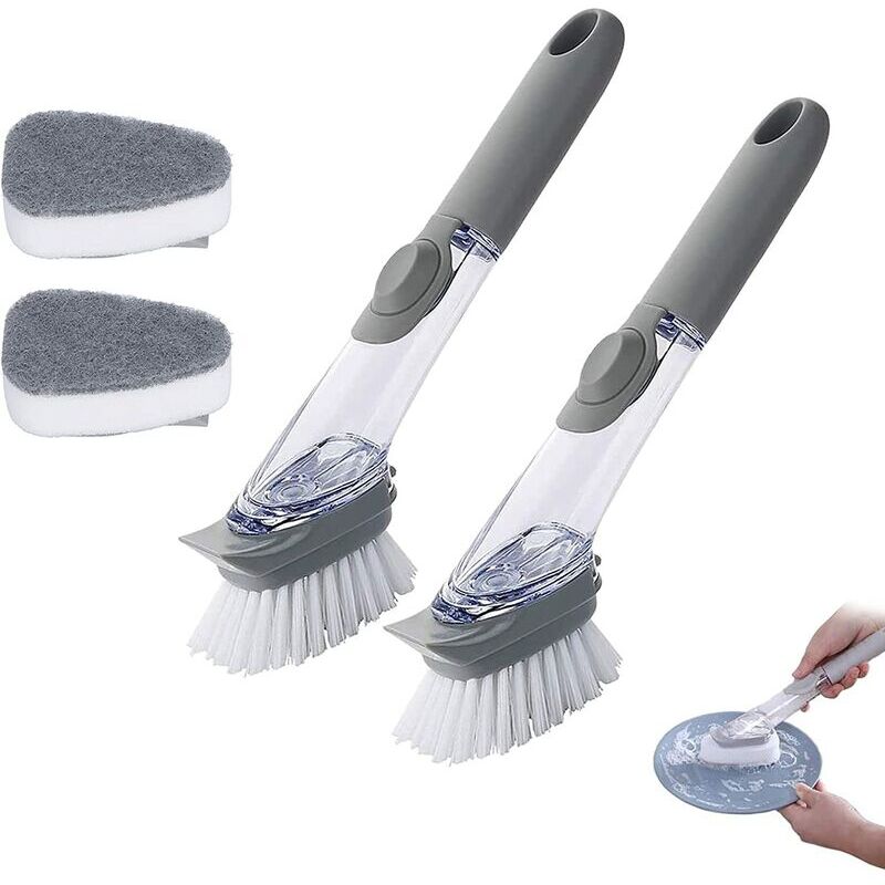 foto del prodotto pezzi di spazzola per piatti da cucina, spazzola da cucina 3 in 1 con manico lungo, spazzola con serbatoio per detersivo per piatti, spazzola con