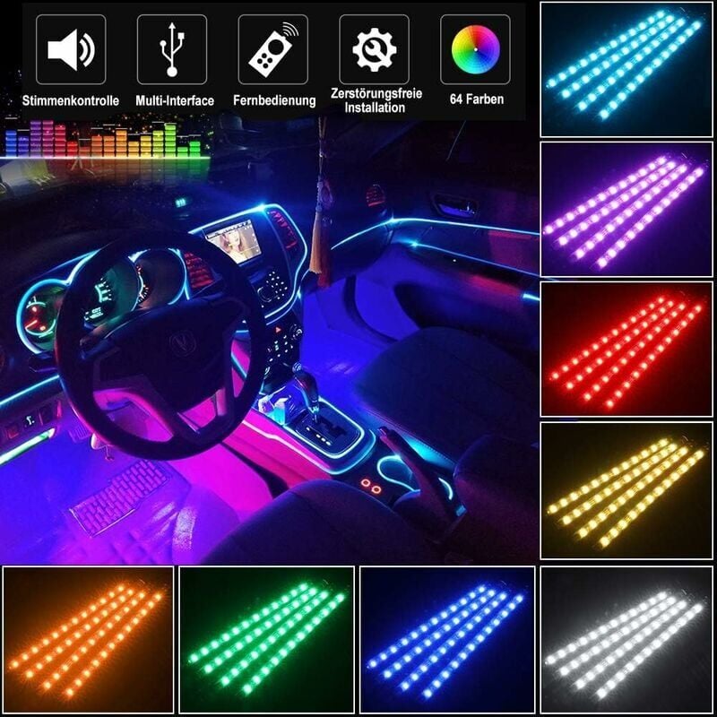 foto del prodotto pezzi luci interne a led per auto 72 led multicolore illuminazione interna per auto con funzione attiva sonora e telecomando wireless dc 12v