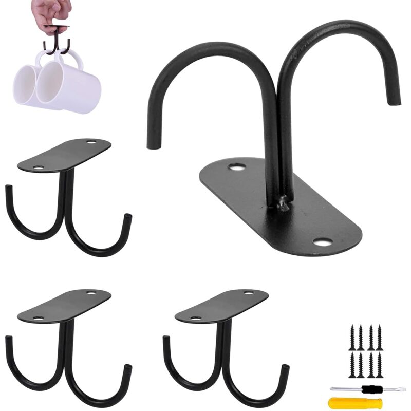 foto del prodotto pezzi porta tazze da appendere, porta tazze da caff in metallo nero con 2 ganci, per riporre e appendere utensili da cucina, con 8 viti e cacciavite