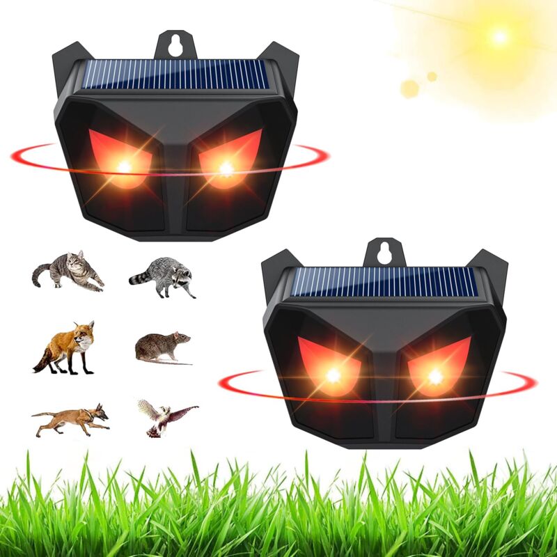 foto del prodotto pezzi repellente per animali a ultrasuoni, lampada led rossa solare da appendere, protezione contro animali selvatici come cinghiali e procioni,