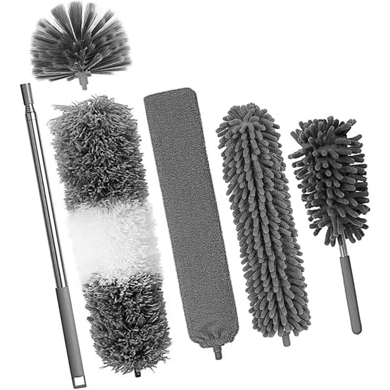 foto del prodotto pezzi spolverino telescopico, spolverino ragnatela, spolverini in microfibra lavabili con diverse testine di pulizia, spolverino telescopico per