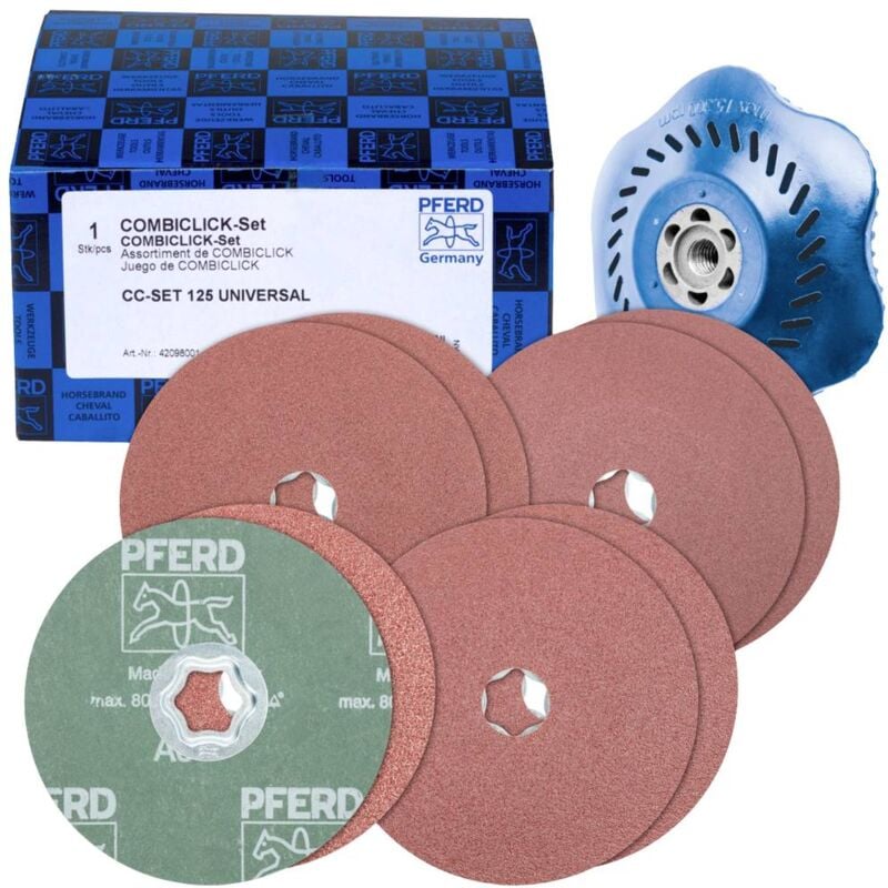 foto del prodotto pferd 42098001 kit di dischi in fibra di legno combiclick korund 125mm a36, 60, 80, 120 con piastra di supporto cc h g