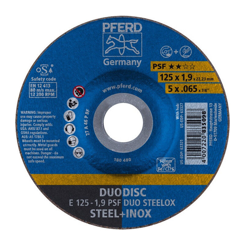 foto del prodotto pferd disco combinato psf duodisc steelox d125xs1.9mm, grana 46, curvo per 10 