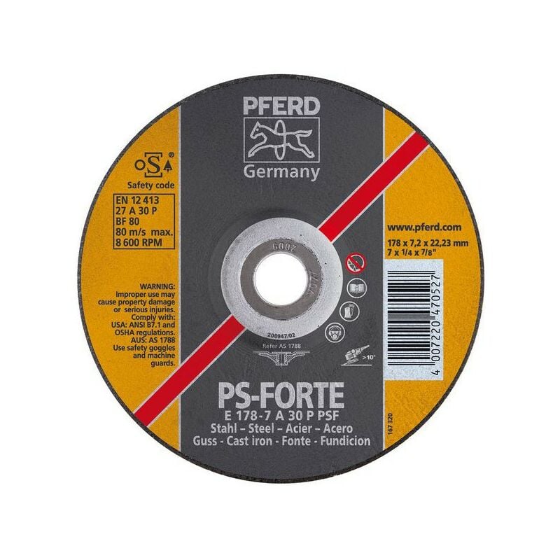 foto del prodotto pferd disk sbavatura ps forte per la lavorazione di acciaio e ghisa, x spessore. 178 x 8.3 mm modello bent, velocit massima. 8600 giri min