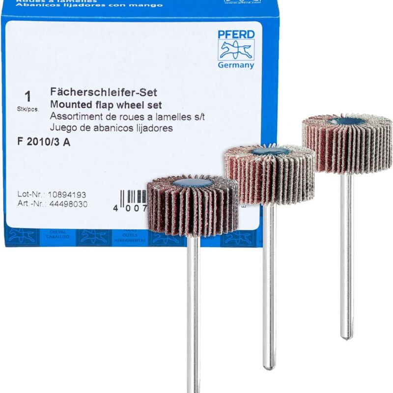 foto del prodotto pferd set di levigatrici a ventaglio f, 3 pezzi corindone 20 x 10 mm, diametro gambo 3 mm, a80, 120, 180 44498030 per levigatura fine e finitura
