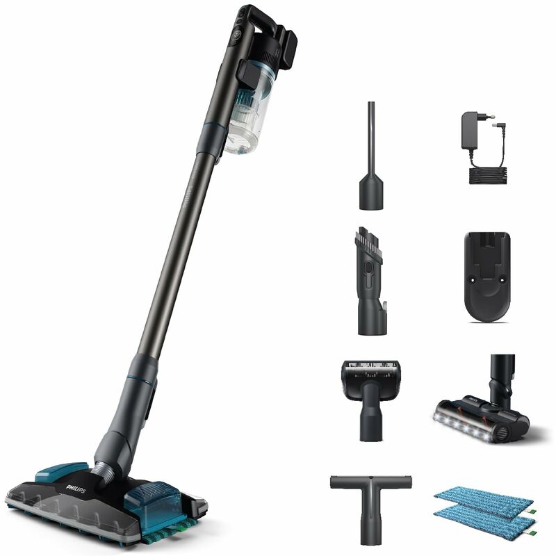 foto del prodotto philips aspirapolvere senza fili serie 8000 aqua plus, aspira e lava con una sola passata, powercyclone 12, spazzola led precisionpower smart, fino