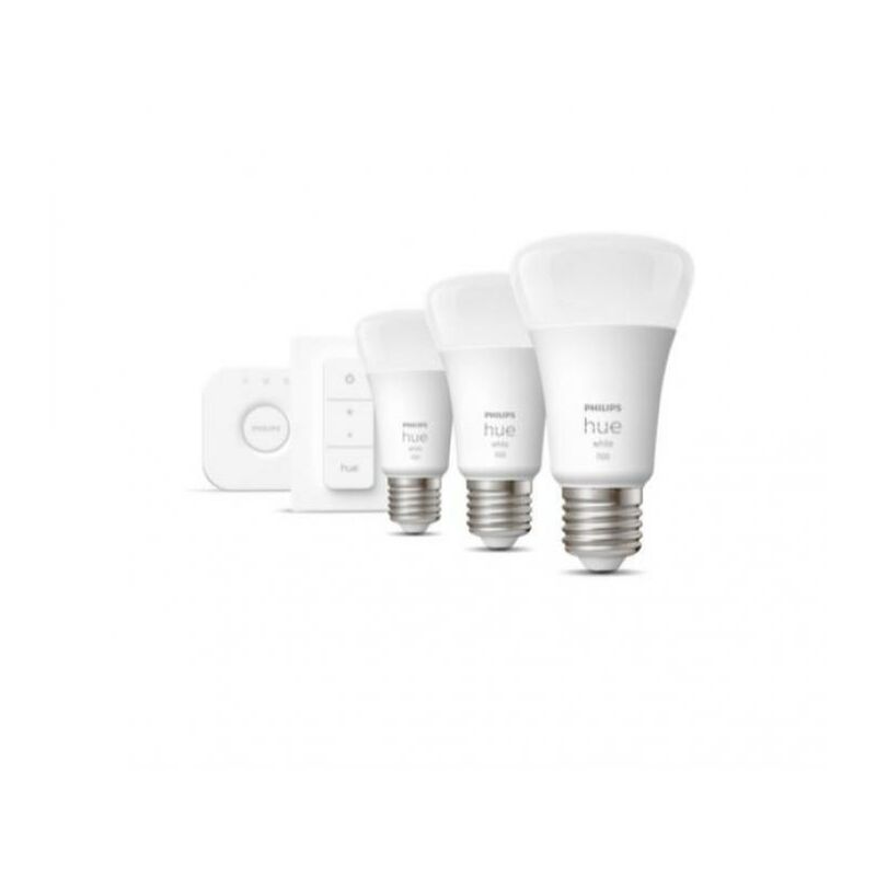 foto del prodotto philips hue - starter kit white 3 lampadine led e27 9,5w + dimmer switch + bridge 929002469204 28913000