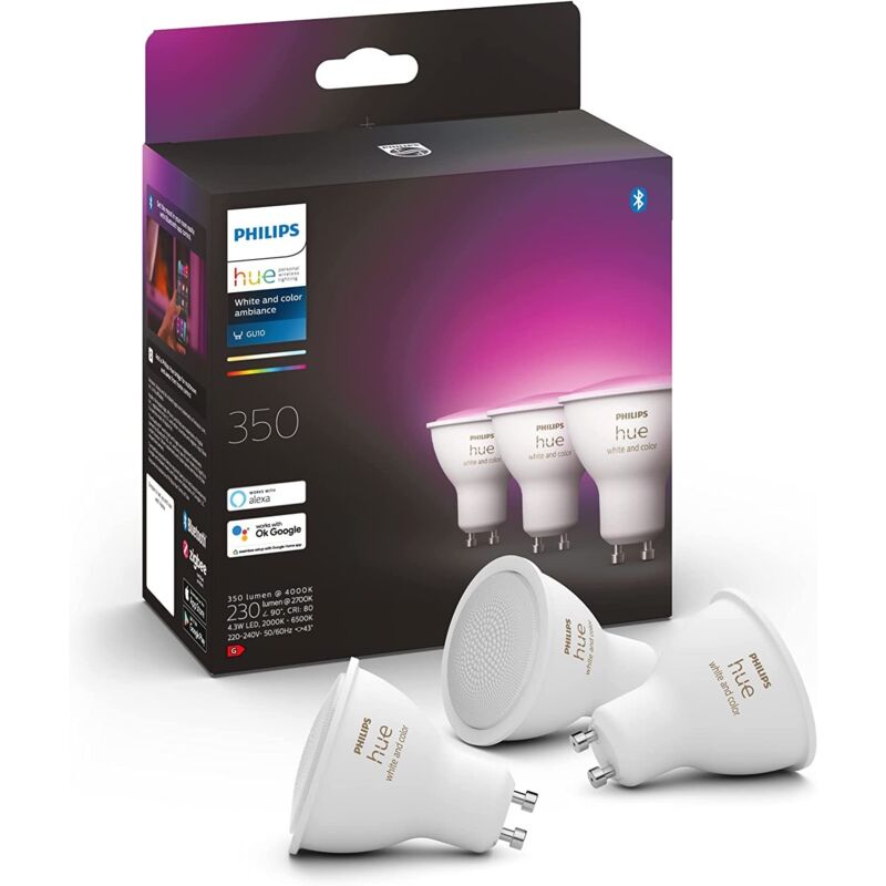 foto del prodotto philips hue white and color ambiance, faretto led smart gu10, luce bianca e colorata, 350lm, compatibile con bluetooth, controllo vocale con alexa,