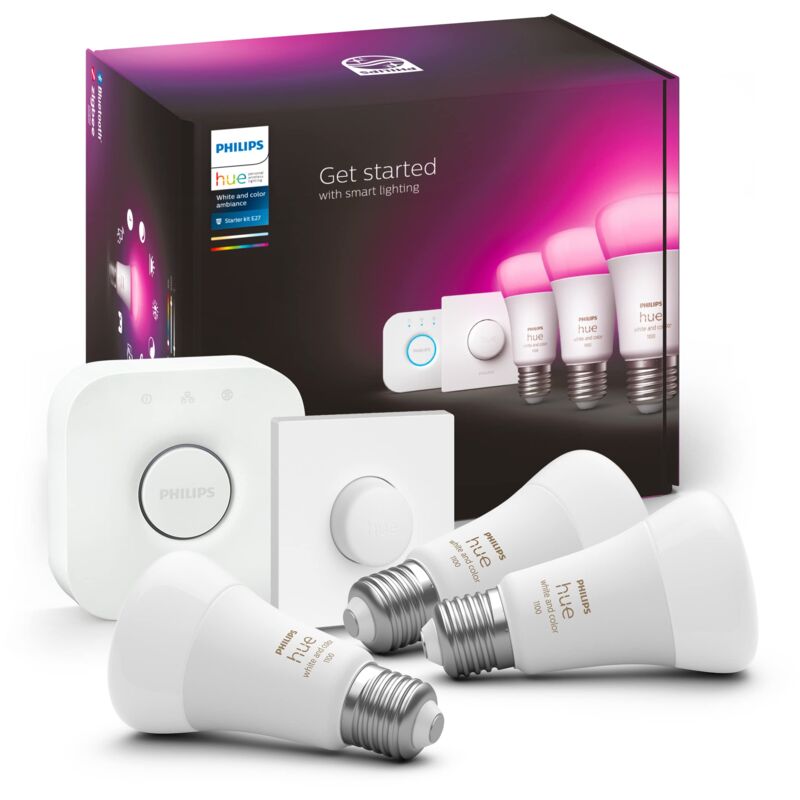 foto del prodotto philips hue white and color ambiance, starter kit con 3 lampadine smart, dimmerabili, bluetooth, e27, 9w, hue bridge e telecomando smart button