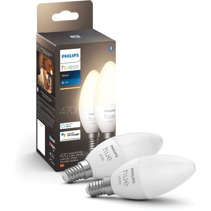 foto del prodotto philips hue white candela smart led, attacco e14, 5.5w, luce bianca calda, dimmerabile, controllo con bluetooth e hue app, funziona con alexa,