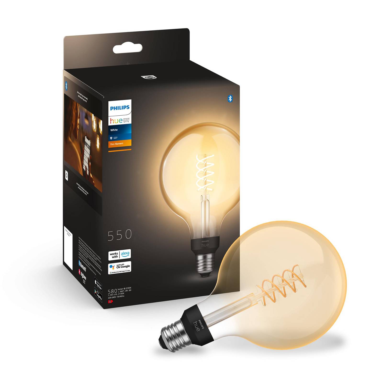foto del prodotto philips hue white e27 7w globe filament g125 550lm