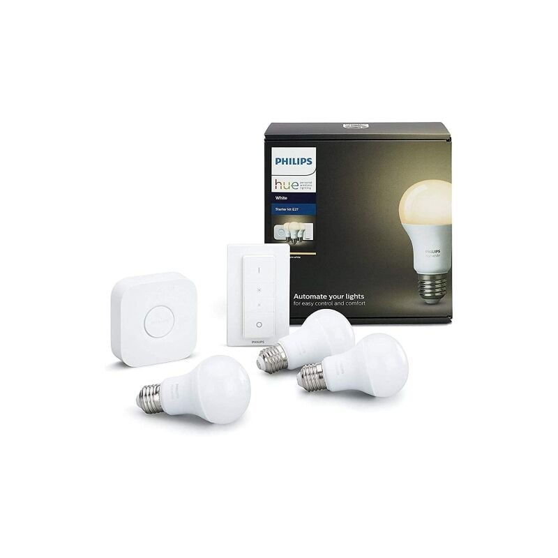 foto del prodotto philips hue white starter kit con 3 lampadine led smart, luce bianca calda, dimmerabile, 9w, attacco e27, hue bridge e telecomando dimmer switch