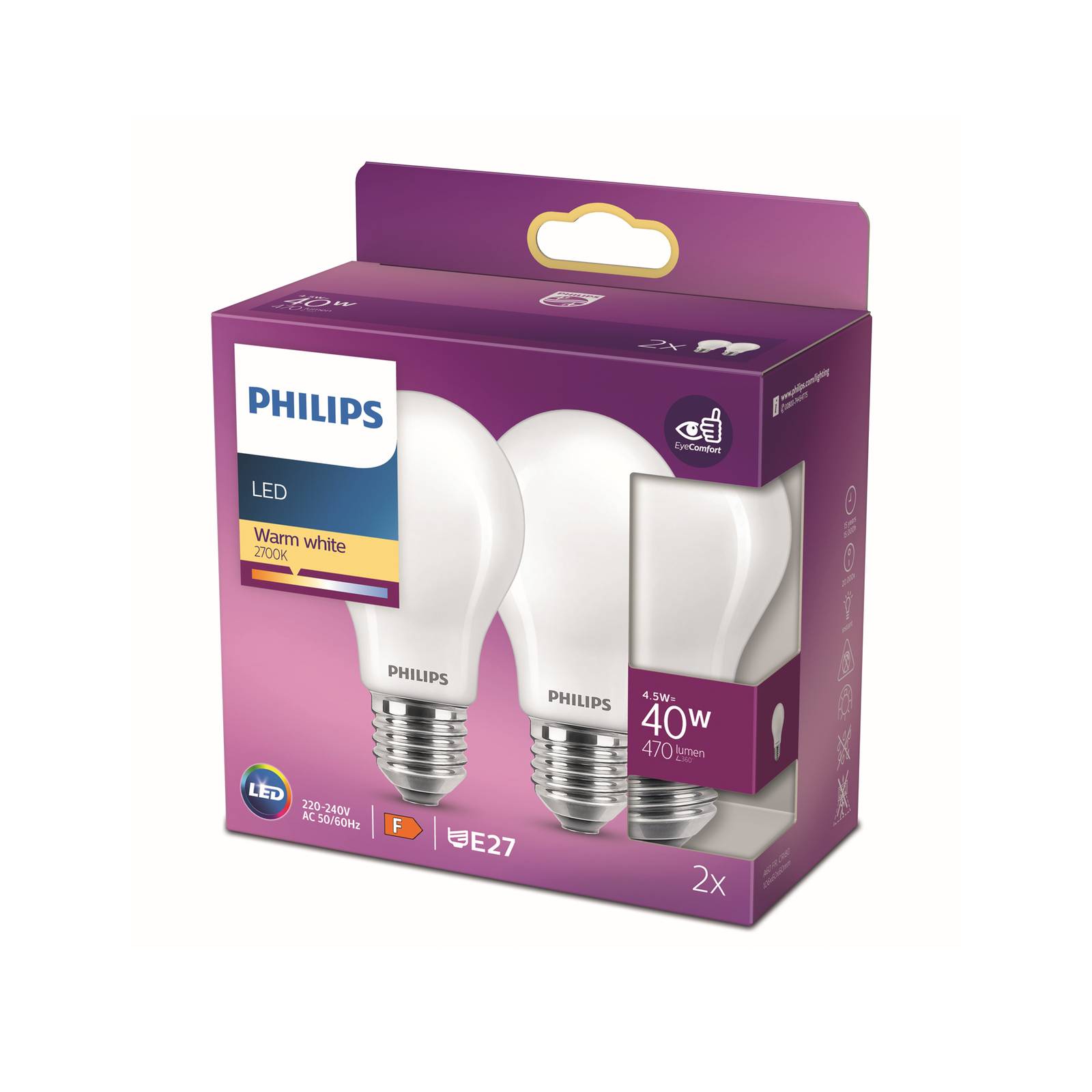 foto del prodotto philips lampadina led e27 4,5w 2.700k opale set 2x