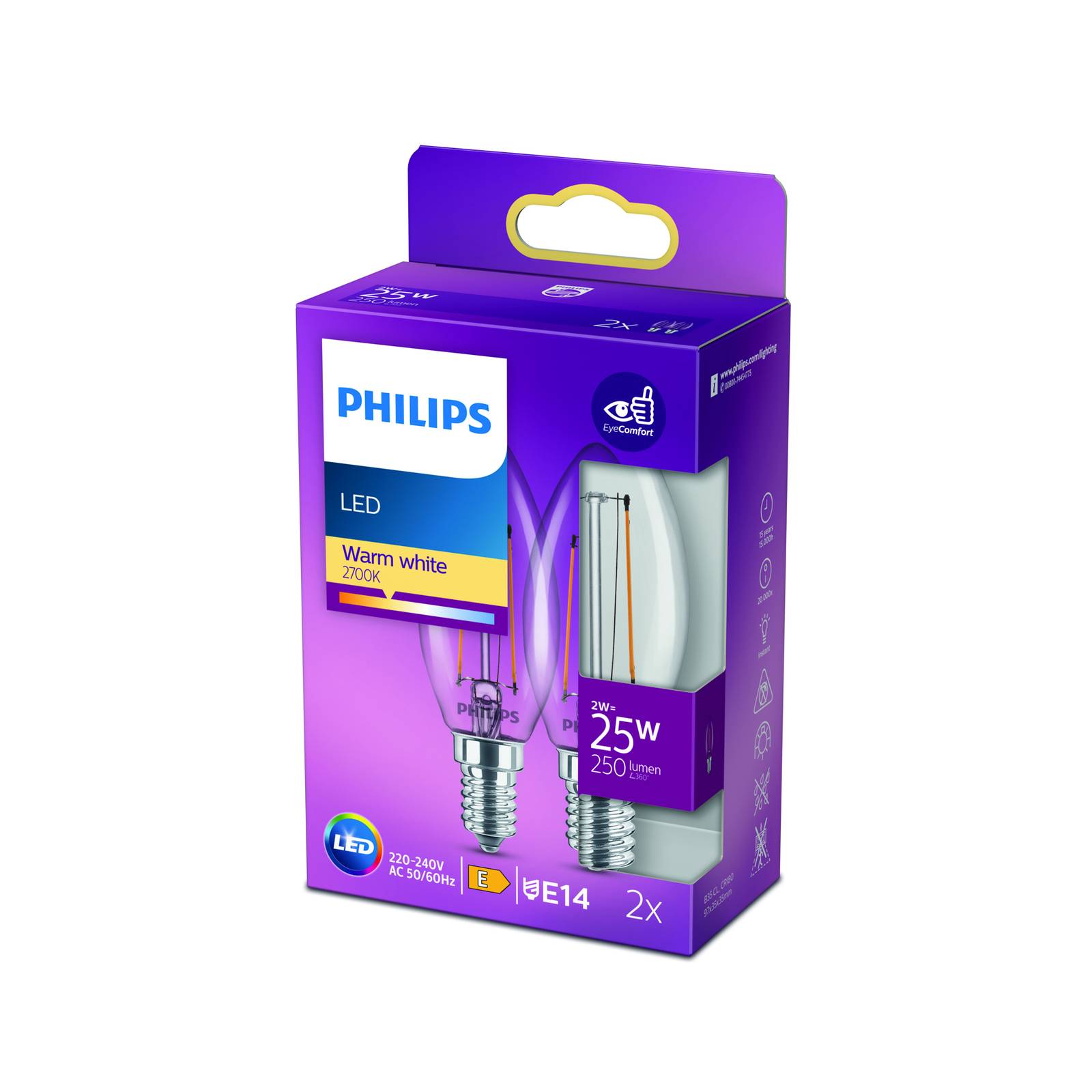 foto del prodotto philips led candela filamenti e14 2w 2.700k set 2x