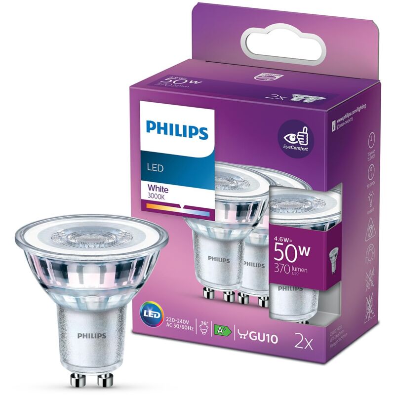 foto del prodotto philips led classic, confezione da 2 gu10 spot 4,6 w 50 w equivalente, 220 240 v, bianco 3000 k non dimmerabile 