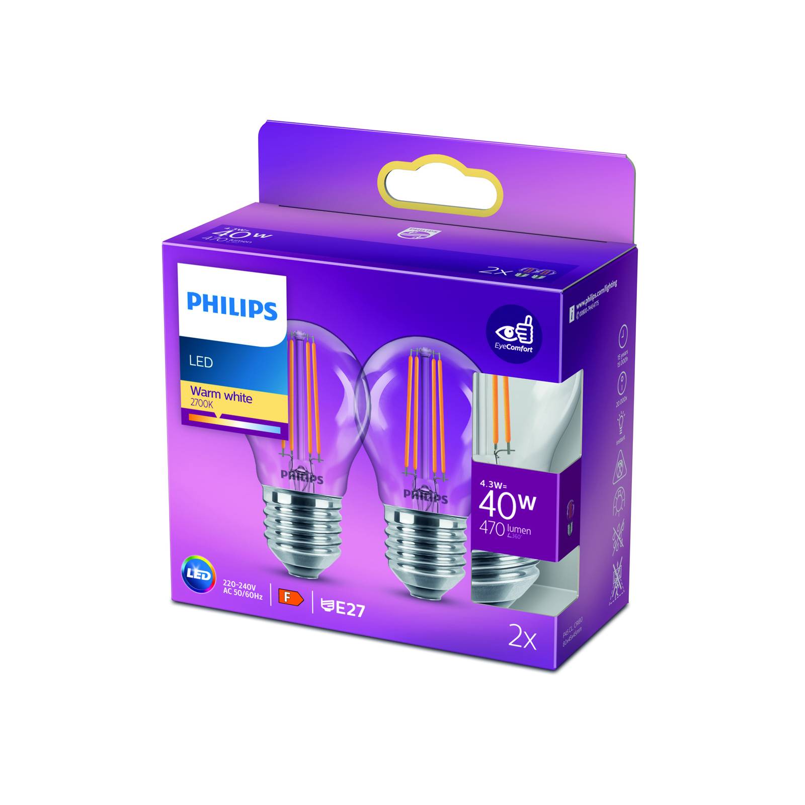 foto del prodotto philips led e27 p45 4,3w filamenti 2.700k 2x