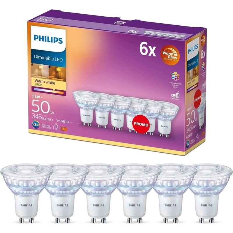 foto del prodotto philips led faretto 6 pz, equivalente a 50w, attacco gu10, luce bianca calda, dimmerabile