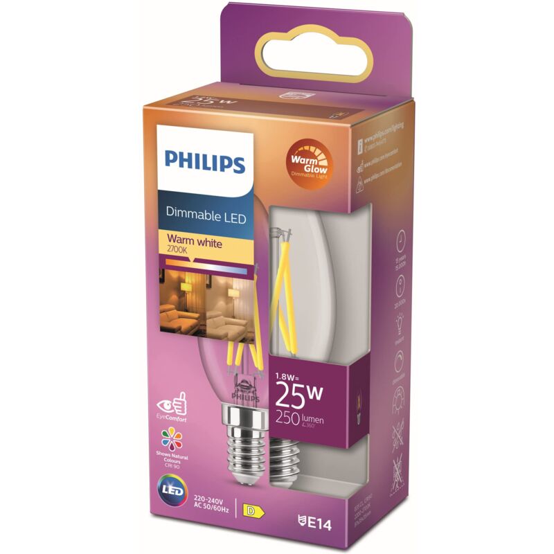 foto del prodotto philips led lampadina candle lustre, oliva, filamento, warmglow, 2.5 25w, dimmerabile, e14, 1 pezzo