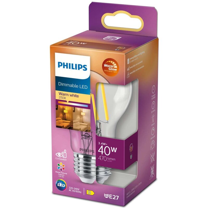 foto del prodotto philips led lampadina, goccia, filamento, warmglow, 3.4-40w, dimmerabile, e27, 1 pezzo