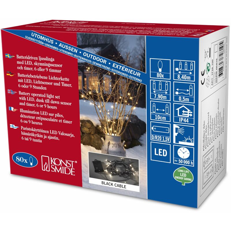 foto del prodotto philips lighting konstsmide 3728 100 catena di luci led con interruttore sensore di luci timer da 6 e 9 ore uso esterno ip44 80 diodi bianco