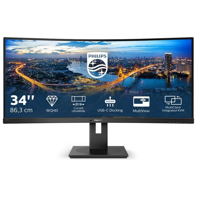 foto del prodotto philips monitor 346b1c gaming monitor curvo 34'' 21 9 wqhd, 100 hz, adaptive sync, multiview pip, pbp , kvm e audio integrati, hdmi, display port, docking station usb-c, rj45, regolabile ergonomicamente, vesa