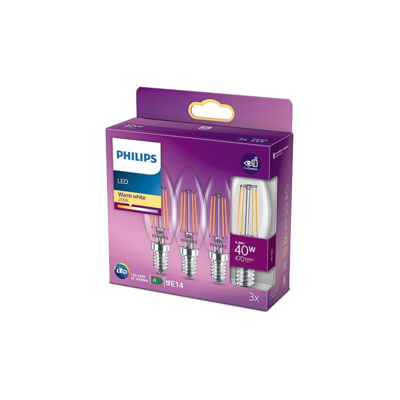 foto del prodotto philips pacchetto 3 lampadina led e14 b35 4.3w 470lm 2700k ph 929001889759 