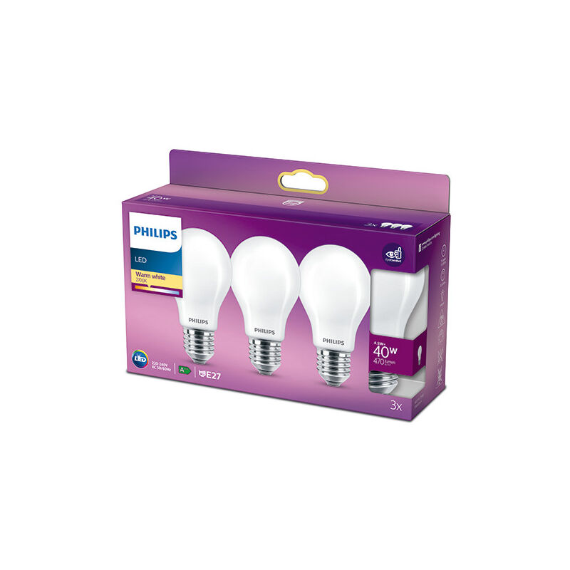 foto del prodotto philips pacchetto 3 lampadina led e27 a60 4,5w 470lm 2700k ph 929001242959 