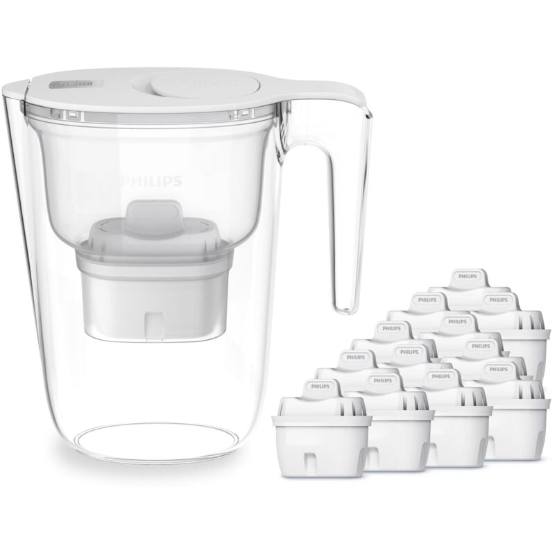 foto del prodotto philips water caraffa filtrante 12 cartucce filtranti di ricambio, filtrazione avanzata, flusso rapido, timer elettronico, filtra cloro, calcare,