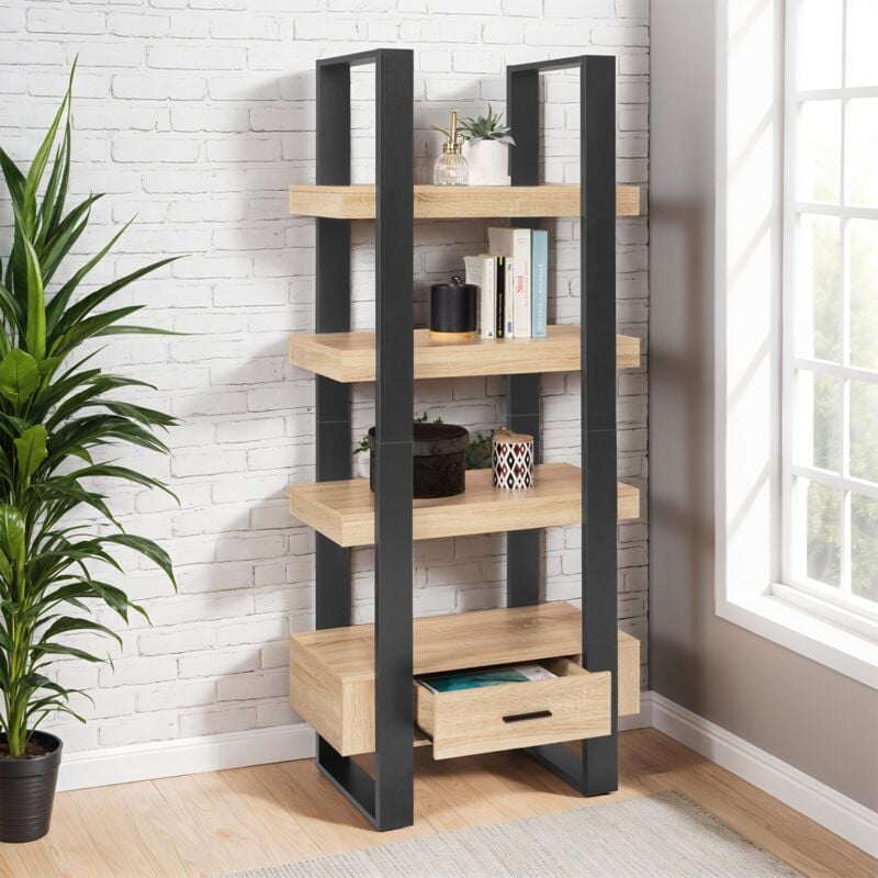 foto del prodotto phoenix scaffale a 4 livelli in legno e nero con cassetto