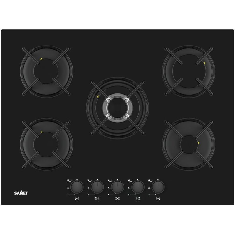 foto del prodotto piano cottura a gas in vetro nero con 5 fuochi samet minerva70