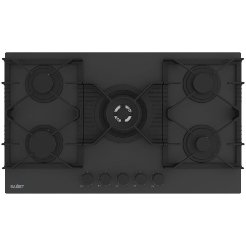 foto del prodotto piano cottura a gas in vetro temperato satinato nero opaco 5 fuochi 90 cm zacinto