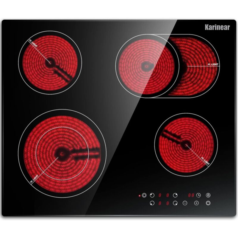 foto del prodotto piano cottura elettrico, piano cottura vetroceramica da incasso a 4 zone da 60 cm con doppia zona ovale 6600w, cablaggio fisso, senza spina inclusa